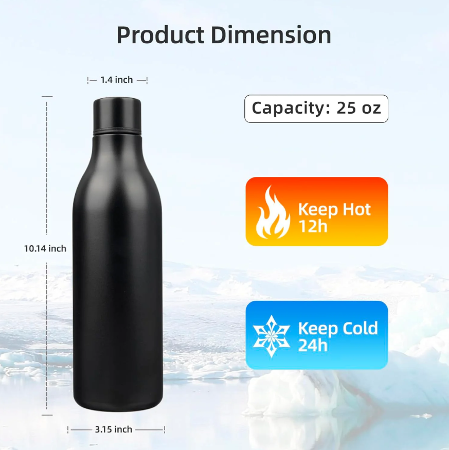 AquiorFilters Black Insulated Water Bottle with Strap – 25oz Stainless Steel, Leak-Proof and Portable