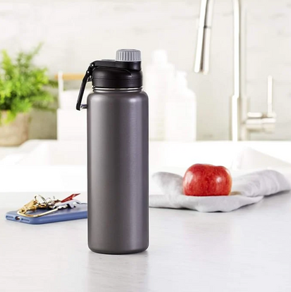 AquiorFilters Large Stainless Steel Water Bottle with Spout Lid – 30oz, Gray