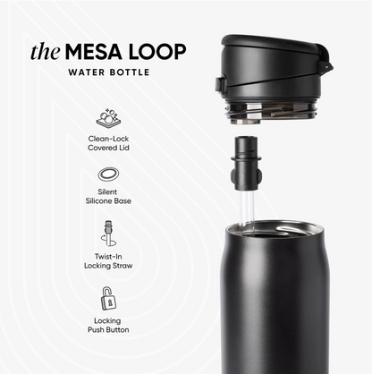 AquiorFilters Mesa Loop Stainless Steel Water Bottle with Straw – 24oz Midnight Black, Cupholder Friendly