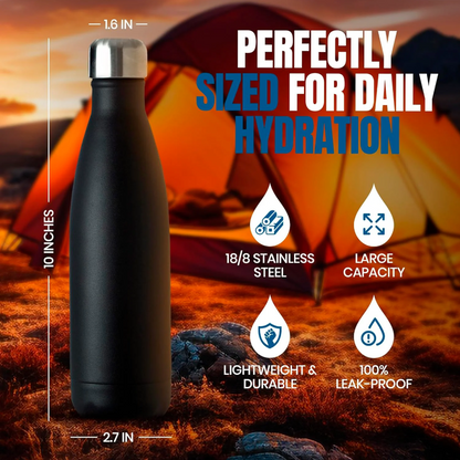 AquiorFilters Triple-Wall Black Insulated Water Bottle – 17oz Stainless Steel, Leak-Proof, Cold 24H / Hot 12H